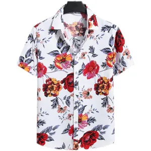 Men's short sleeve Hawaiian beach shirt with colorful floral print, casual summer top.