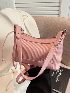 Korean Style PU Leather Shoulder Bag For Women Pleated Solid Color Casual Crossbody Bag Fashion Trendy Underarm Bag