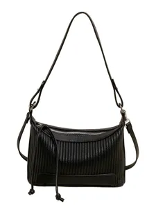 Black pleated shoulder bag for women, stylish crossbody hobo bag with zipper and knots.