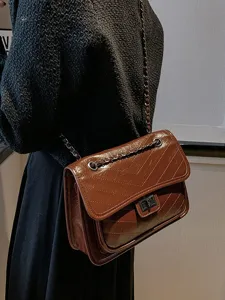 Stylish brown chain shoulder bag for women, trendy chic chevron crossbody bag main view.