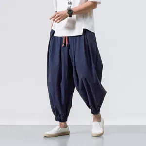 Men's casual loose cotton linen harem pants, summer breathable baggy trousers with elastic cuffs.