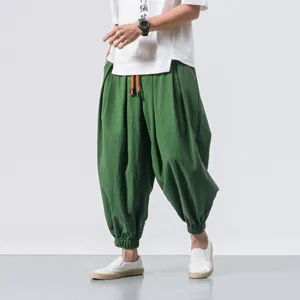Men's casual linen harem pants loose fit breathable drawstring trousers summer streetwear green