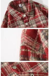 Vista dettagliata del colletto della camicia di lana a quadri rossi con bottoni a pressione.