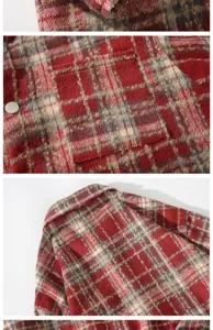 Vista dettagliata della camicia in lana a quadri da uomo con taschino, colletto e tessuto.