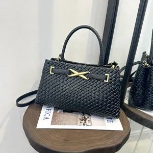 Women Woven PU Leather Handbag Minimalist Top Handle Crossbody Shoulder Bag Casual Fashion Versatile Daily Purse
