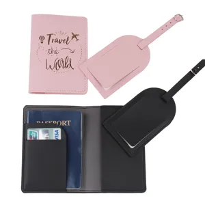 Detail shot of PU leather passport cover and luggage tag set, elegant travel accessories.