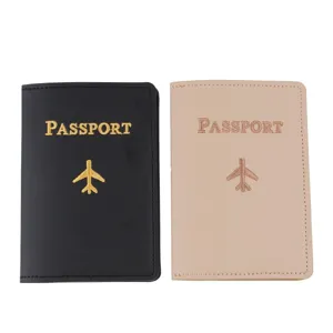 PU leather passport holder set with custom embroidery airplane logo travel cover for cards.