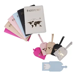 PU leather passport holder and luggage tag travel set with world map pattern, multi colors.