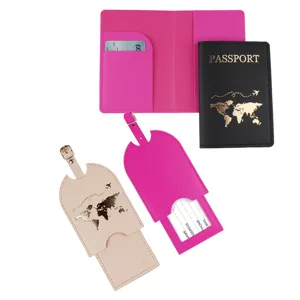 PU leather passport holder and luggage tag travel set with stylish world map design.