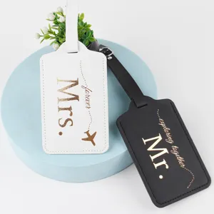 PU leather couple luggage tags set, black and white travel tags with Mr and Mrs text.