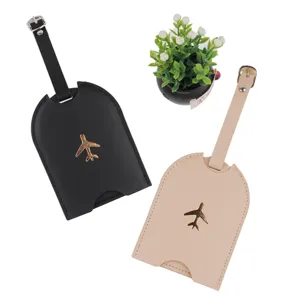 PU leather luggage tags travel ID card holders set with metal airplane decor, black and beige.