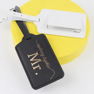 PU leather couple luggage tags set, black and white travel bag labels with name card slots.
