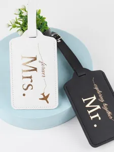 PU leather couple luggage tags set, black and white travel ID labels for wedding gifts.
