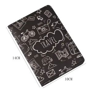 Funda para pasaporte de cuero PU negro con estampados de viaje blancos, estuche compacto.