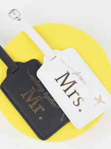 Couple PU leather luggage tags set, black and white travel labels with Mr and Mrs text.