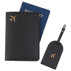 Set Porta Passaporto e Etichetta Bagaglio in Pelle PU Casual Tinta Unita Impermeabile Organizzatore Documenti Di Viaggio Con Emblema Aereo Metallo