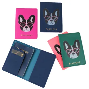 Porta Pasaportes de Cuero de PU con Estampado de Bulldog Francés Patrón de Gafas de Corazón Bloqueo RFID Funda Organizadora de Documentos