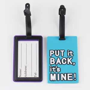 PVC luggage tag set with bold English text and card holder for safe travel ID bag identification.