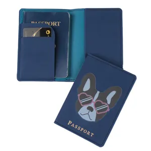 Fundas para pasaportes de cuero PU azul con estampado de bulldog francés y ranuras.
