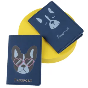 Porta pasaporte de piel sintética azul organizador de documentos de viaje diseño perro.