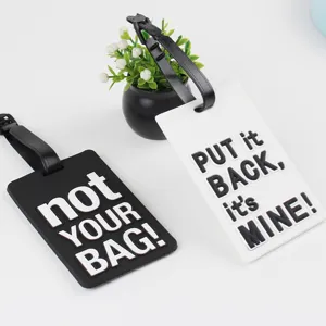 PVC rubber luggage tag set, funny travel bag label identifiers with straps, black white 2pcs.