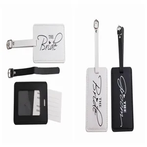 Couple PU leather passport holder and luggage tag set with Bride and Groom text detail.