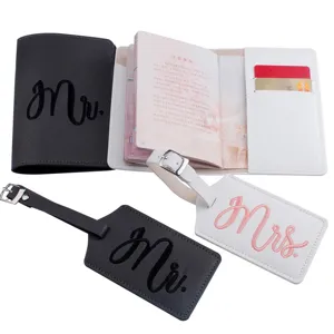Set da Viaggio per Coppie Con Porta Passaporto E Targhetta per Bagagli in Pelle PU Ricamata Impermeabile Rettangolare Con Lettere Accessori Borse