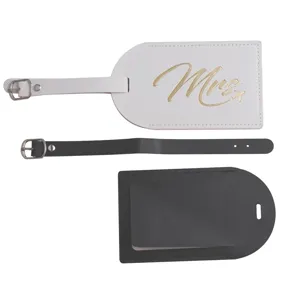 Couple PU leather luggage tags set, white and black travel bag ID labels for suitcases.