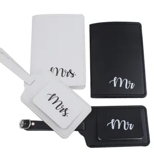 Black and white couple PU leather passport cover and luggage tag set for travel.