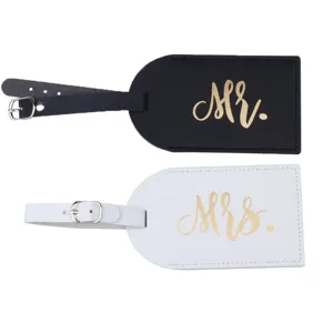 Couple luggage tags set black white PU leather travel suitcase ID labels with gold lettering