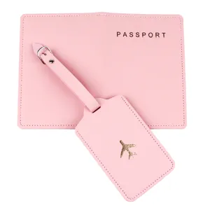 Rosa PU Leder Reisepasshülle und Kofferanhänger Set mit goldener Flugzeug Folie Reise Zubehör