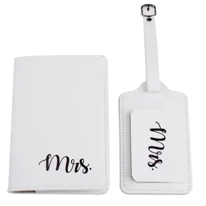 White PU leather passport holder and luggage tag set with elegant Mrs script printing for travel.