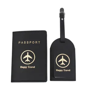 Set di Porta Passaporto E Etichetta per Bagaglio in Pelle PU Lettere Stampate Custodia Portadocumenti Impermeabile Copertura per Unisex