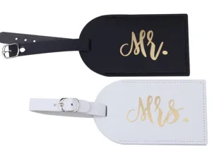 Couple luggage tags set, black and white PU leather travel bag tags with gold Mr Mrs letter.