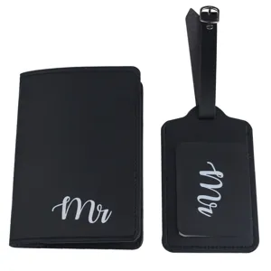 Black PU leather passport holder and luggage tag set with white Mr letter design for travel.