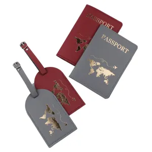 PU leather passport cover and luggage tag set with gold world map travel accessories.