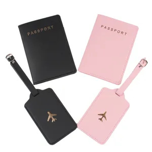 PU Leder Reisepass Hülle und Kofferanhänger Set, elegante schwarze und rosa Reiseaccessoires.