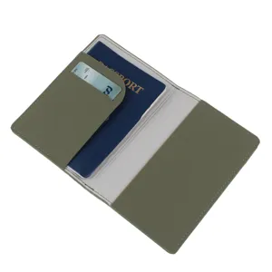 Green PU leather passport holder detail view, card slot design for travel document protection.