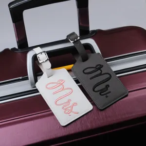 Couple embroidery leather luggage tags set, Mr and Mrs travel suitcase ID name card holders.
