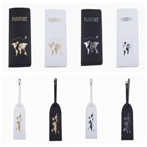 PU leather passport cover and luggage tag set with world map design for travel use.