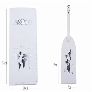 White PU leather passport holder and luggage tag set detail, world map print design.