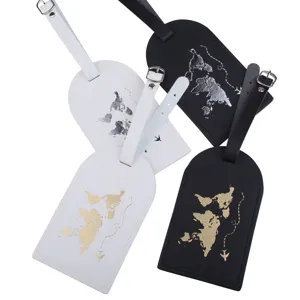 PU leather luggage tag with world map design, stylish travel accessory, 4 pack