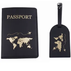 Black PU leather passport holder and luggage tag set with gold world map and plane details.
