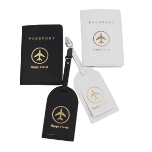 Set Custodia Passaporto e Etichetta Bagaglio in Pelle PU Nero Bianco Organizer 2Pcs
