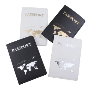 PU leather passport cover holder with world map design, travel document protector organizer.