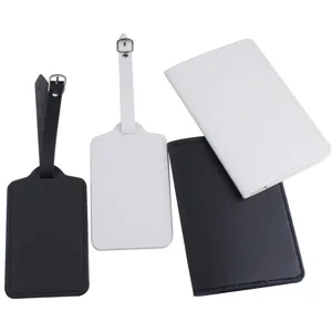Schwarzes und weißes PU Leder Passhalter und Kofferanhänger Set, blanko Reiseaccessoires.