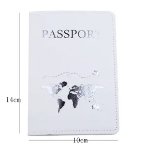 White PU leather passport holder case with world map and flight path design, 14x10cm size.