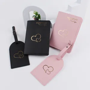 Travel passport holder and luggage tag set with cute double heart pattern, PU leather.