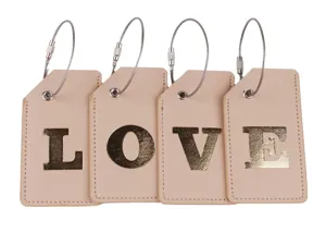 Set di 4 etichette per bagagli in pelle PU con lettere dorate LOVE e cavo in acciaio.