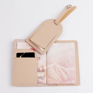 Conjunto de funda para pasaporte y etiqueta de maleta de cuero PU, organizador beis.